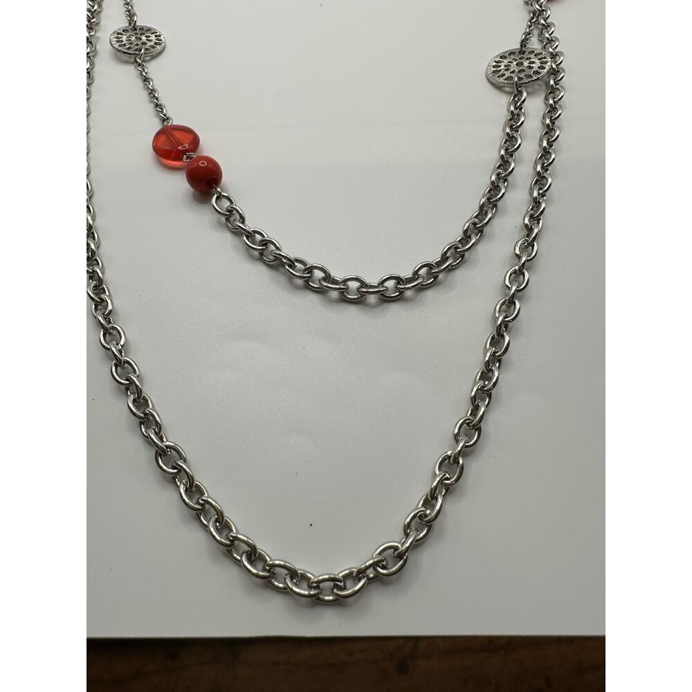 Silver Tone Multi Strand Chain Necklace With Red Plastic Beads 40” - Picture 2 of 8
